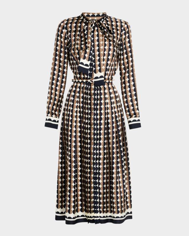 Mini Geo Silk Twill Neck-Tie Long-Sleeve Midi Dress